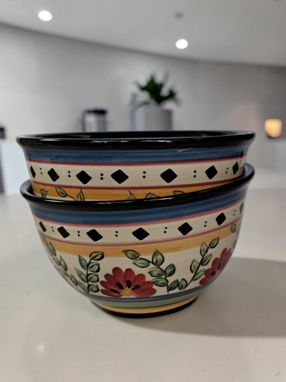 Pier 1 Alexandria Earthenware Coupe Cereal Bowls 6" Red Flowers Black Trim Set 2
